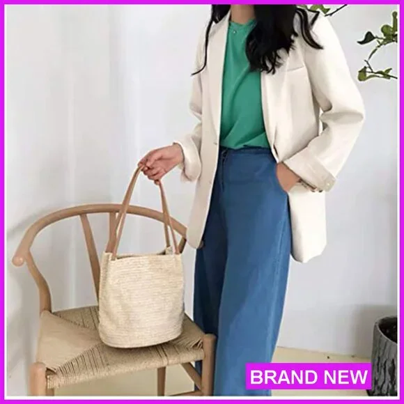 Straw Woven Tote Shoulder Bag Bucket Purse Summer Casual Boho Lightweight - Picture 2 of 7